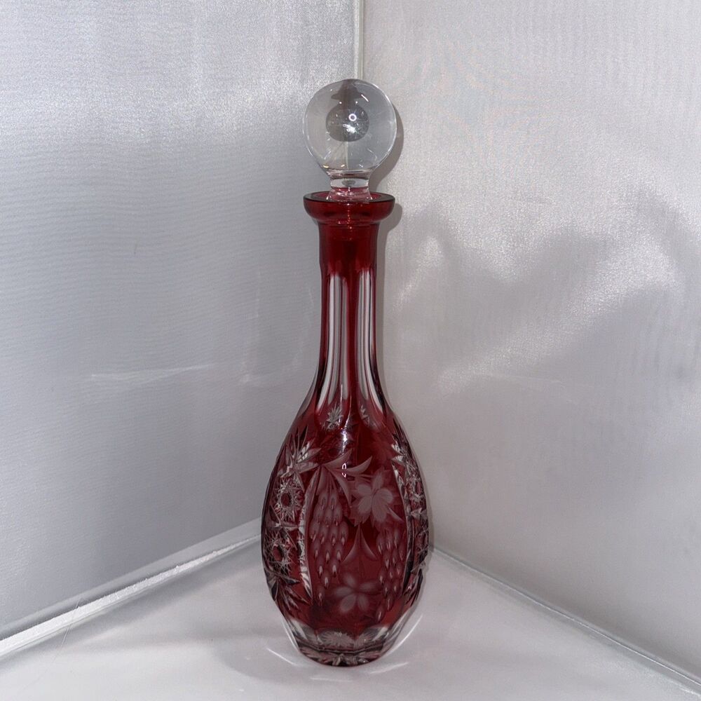 NACHTMANN TRAUBE DECANTER 14” CRANBERRY PINK CUT TO CLEAR CRYSTAL BOHEMIAN